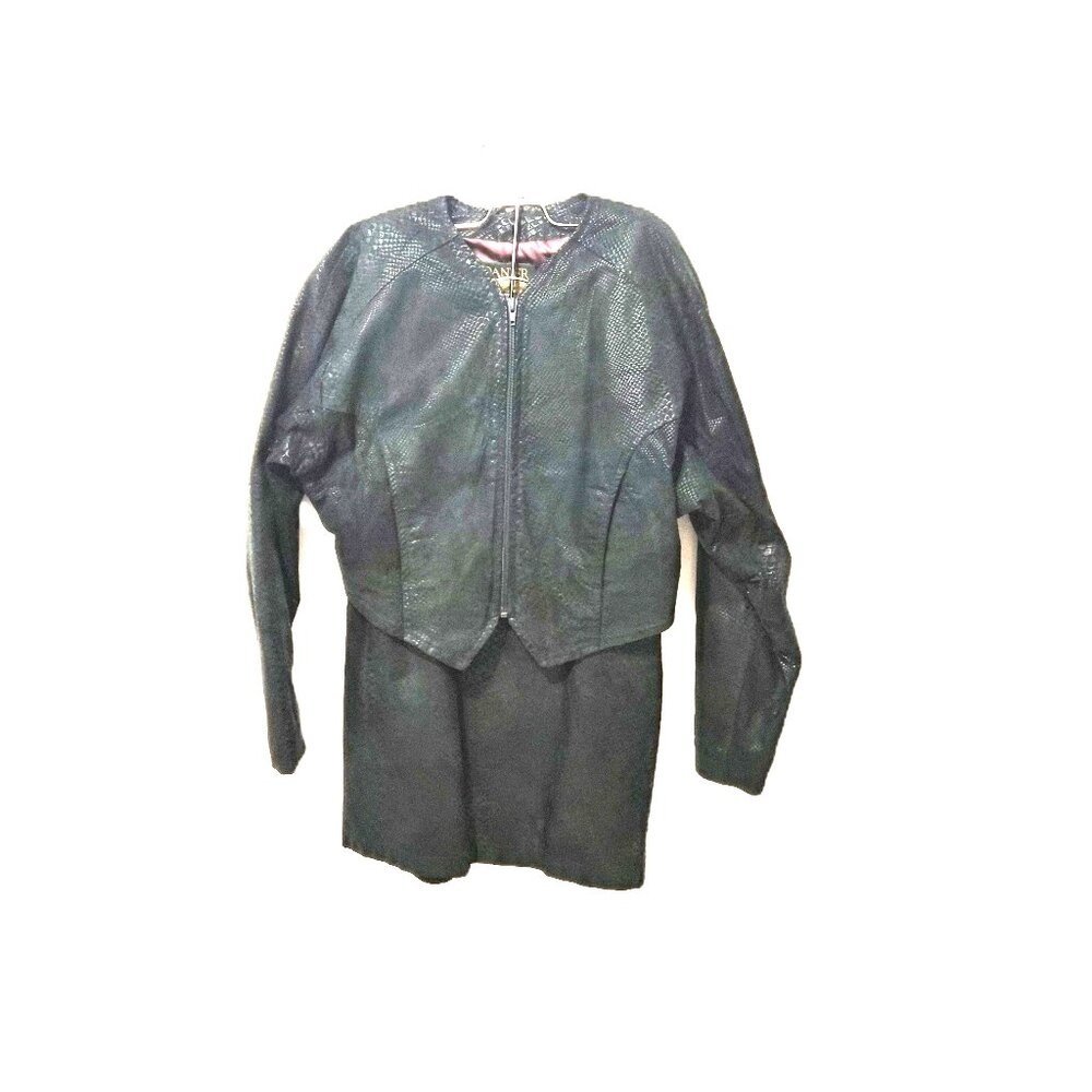 VTG 90s Danier Snake Embossed Leather Jacket&Mini Skirt Set Forest Green Runway